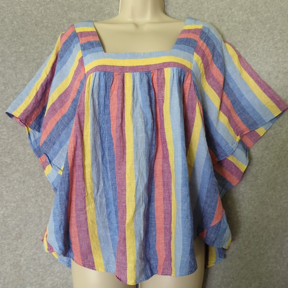 Como Vintage Linen Blend Top Shirt Womens XL Rainbow Colorful Striped Boho Beach